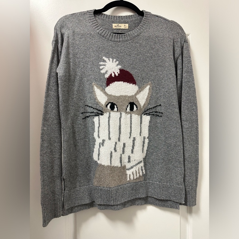 Hollister Size Medium Gray Cat Sweater with Maroon Pom Hat